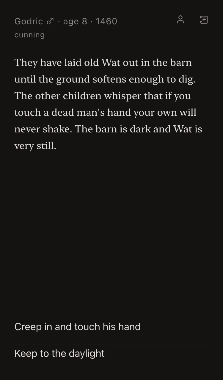 A single year in Unwritten: a paragraph of event prose, with the choices listed under it.
