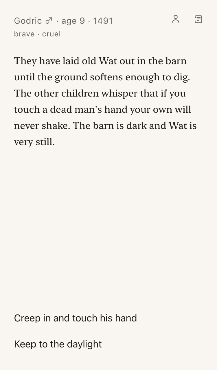 A single year in Unwritten: a paragraph of event prose, with the choices listed under it.